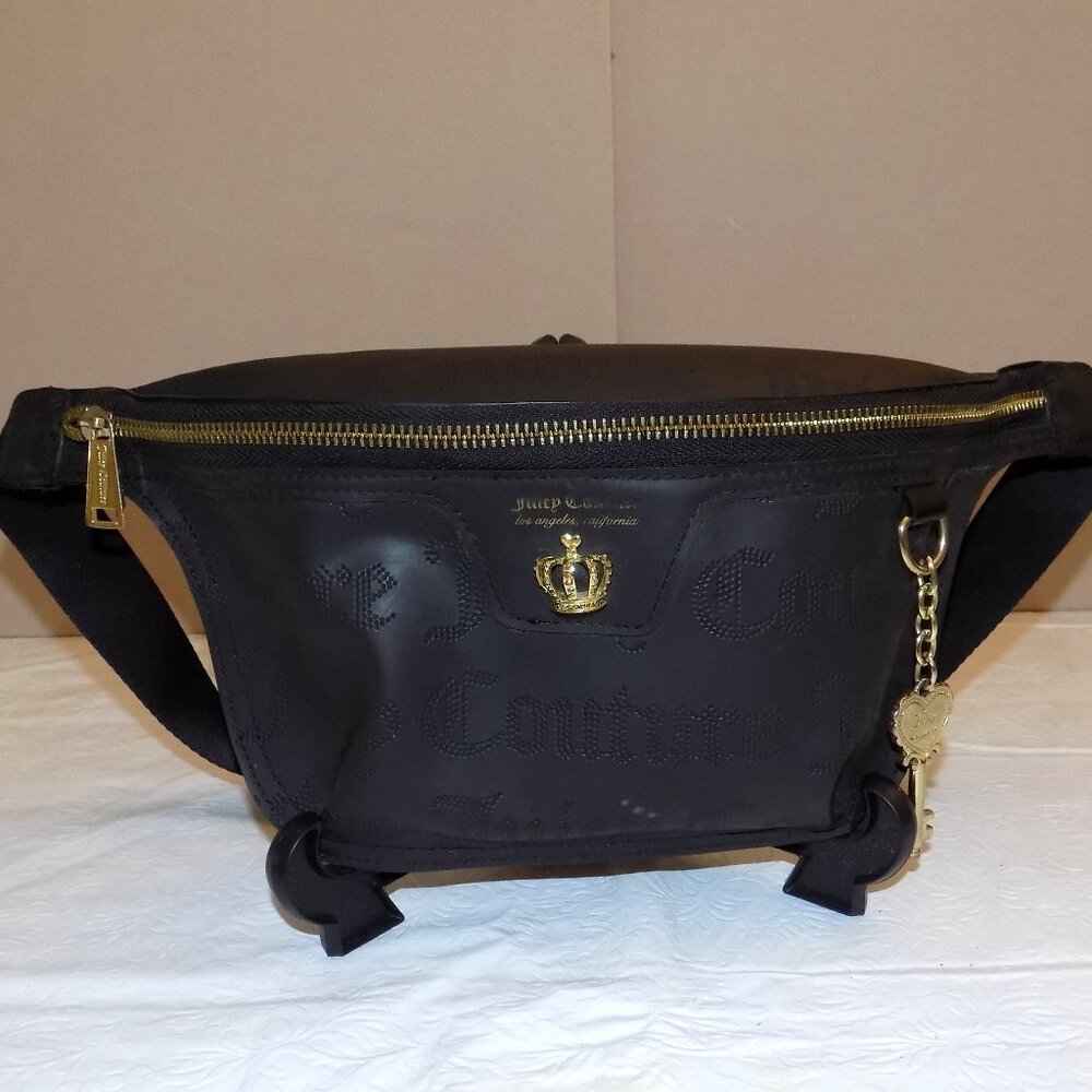 JUICY COUTURE Black Belt Bag Fanny Pack Gold Crown Key Zipper Laser Cut
